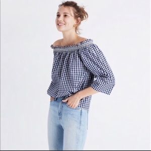 MadeWell Navy Gingham Off Shoulder Top | Blue White Check Blouse | Size Small